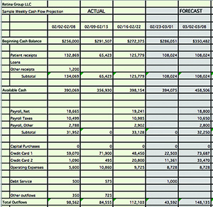 This example of a cash forecast spreadsheet shows three weeks of actual revenues and expenses and two weeks of projected. 